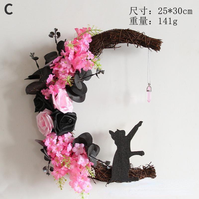 Halloween Moon Cat Garland with Rose Black Decorations Halloween Garland Halloween Wreath for Front Door Halloween Door Decor