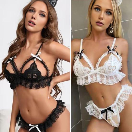 2 Pcs/Set Bra Panties Set Hollow Out Shirring Lace Bow Decor Solid Color Adjustable Strap Thin Bra High Waist Open Crotch G-string Night Underwear Set