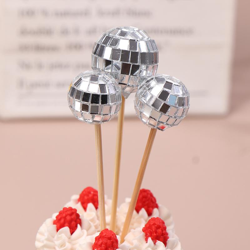 10Pcs 2/3Cm Shiny Mirror Balls Cake Topper Cupcake Toppers With Wooden Sticks Birthday Wedding Dance Party Cake Decoration