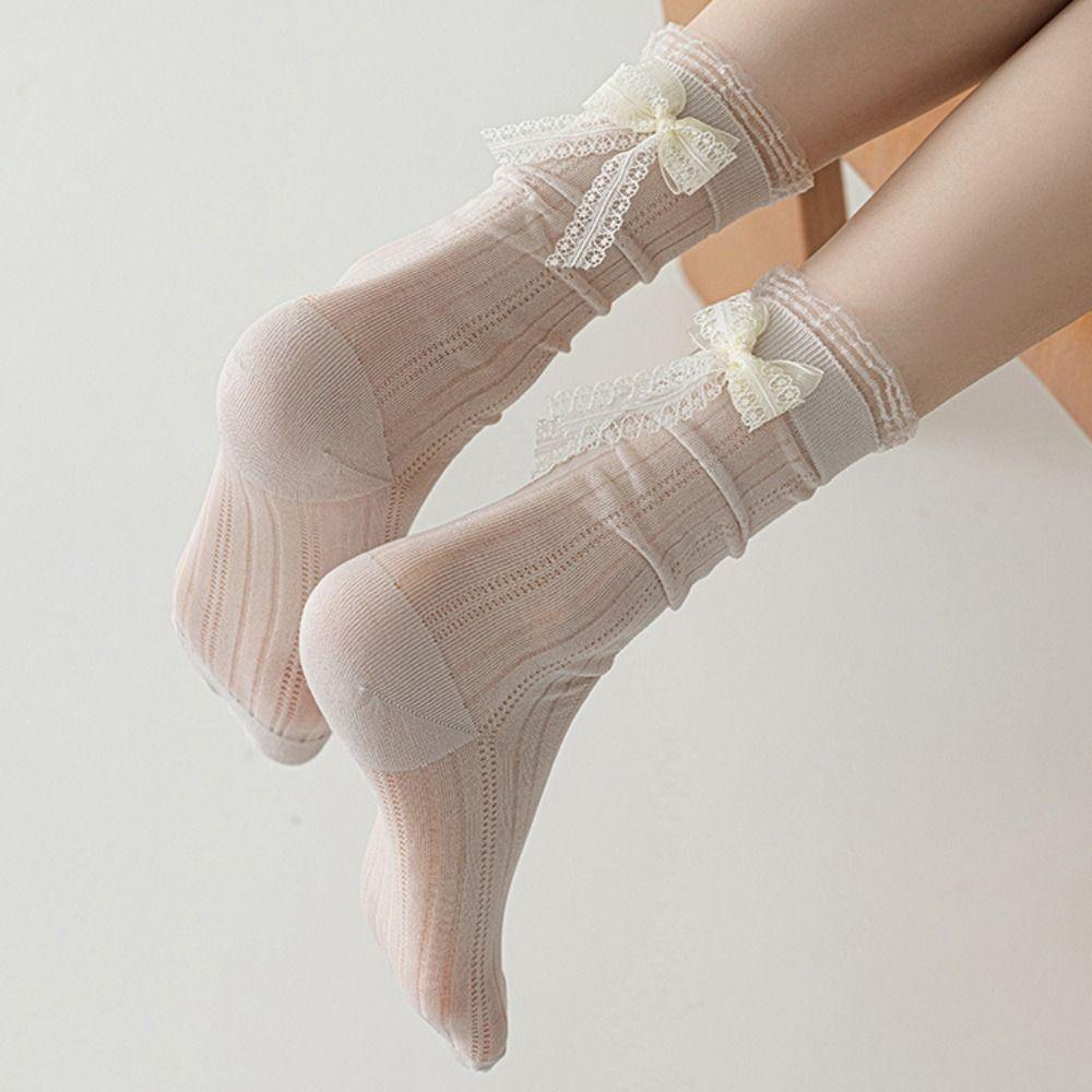3Pairs Ballet Style Mid Tube Socks Ruffle Sweet Socks Women Cute Mesh Bowknot Socks Girl