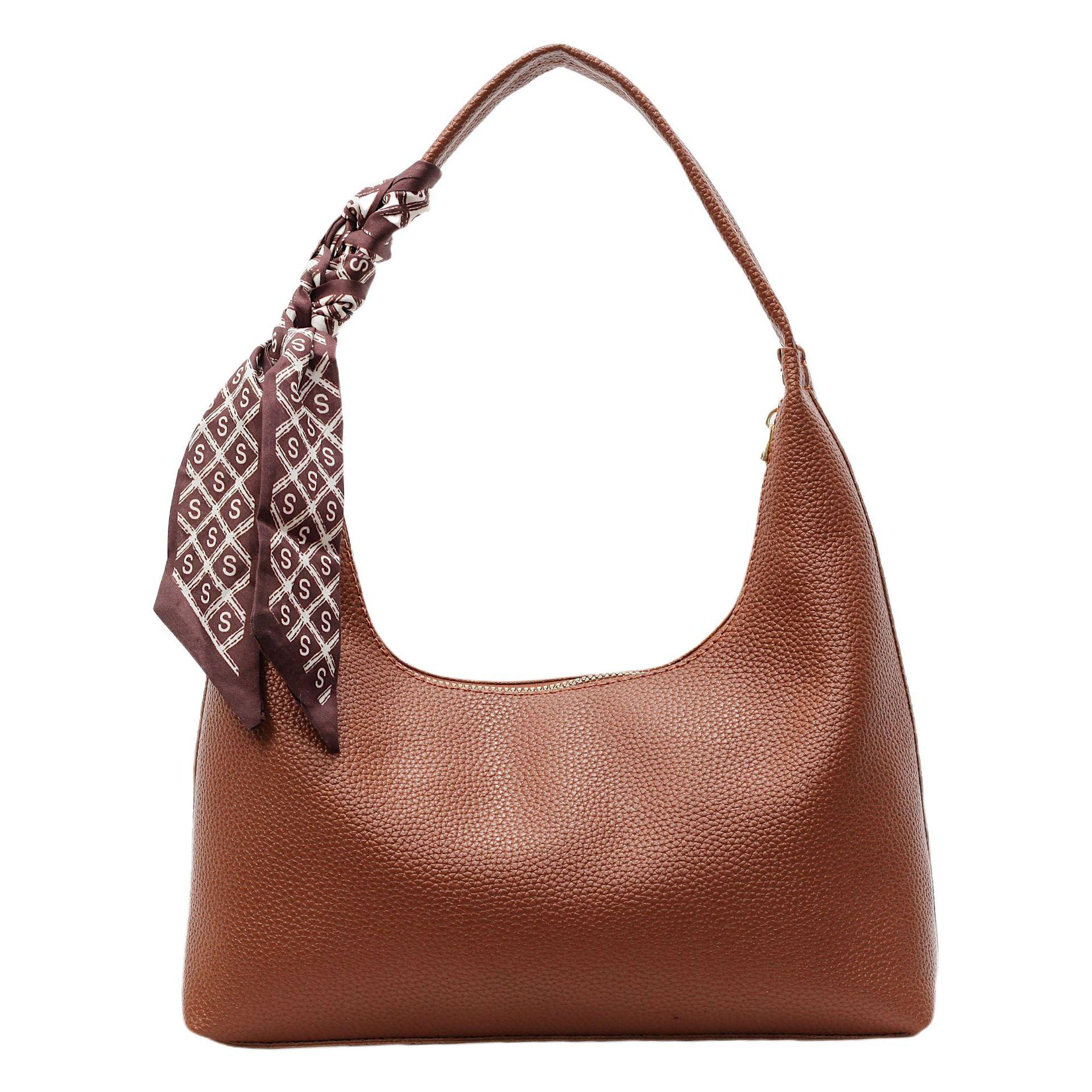 

Retro Chic Lychee Grain Handheld Underarm Handbag with Scarf Texture коричневий