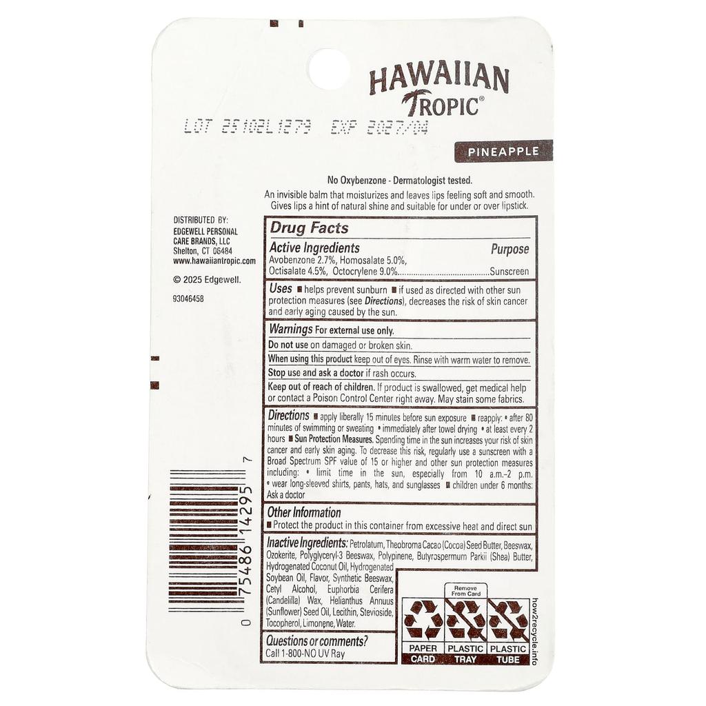Hawaiian Tropic UV Protection Lip Balm, SPF 30, Pineapple, 9.9g (0.35oz)