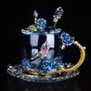Enamel Transparent Glass Coffee Tea Mug Blue Roses Heat-Resistant Cup Set with Stainless Steel Spoon Coaster and Wipe Cloth