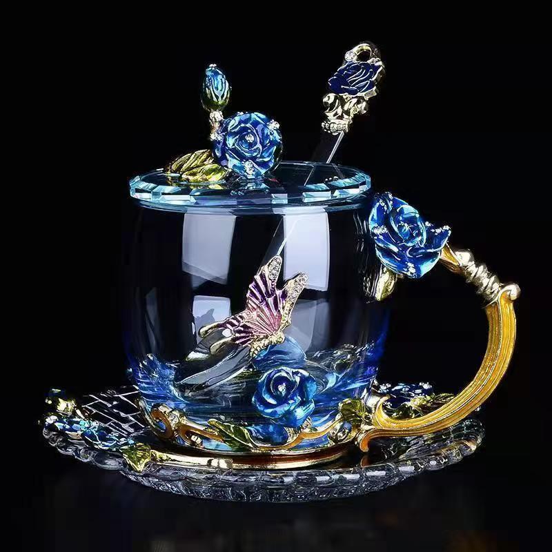 Enamel Transparent Glass Coffee Tea Mug Blue Roses Heat-Resistant Cup Set with Stainless Steel Spoon Coaster and Wipe Cloth