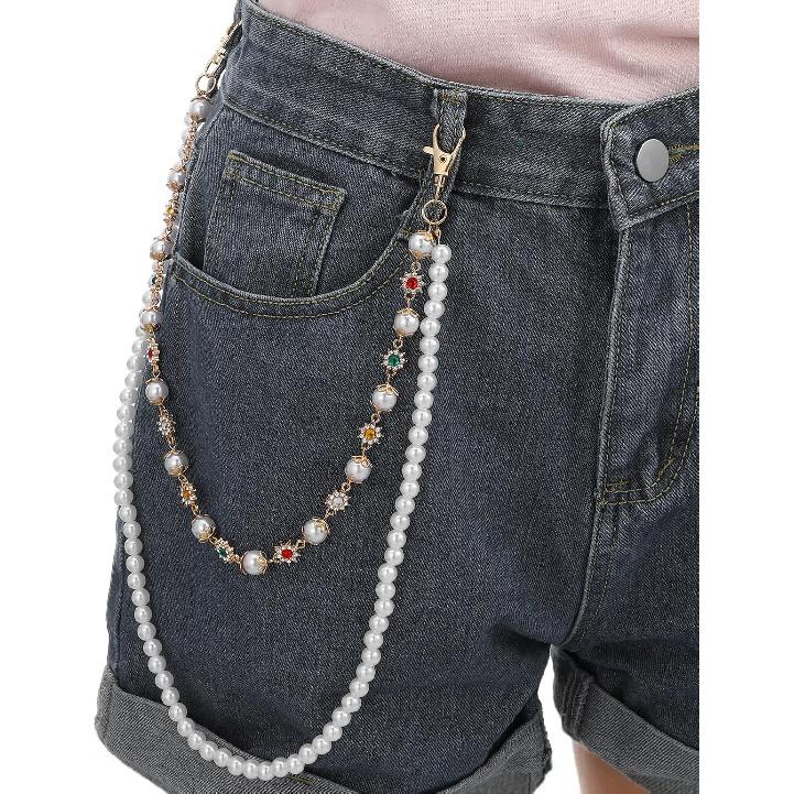 Layered Wallet Pants Chain for Men & Women, Exquisite Rhinestone Flower & Pearl Pocket Chain, Punk Fashion Streetwear Jeans Accessory, Trendy