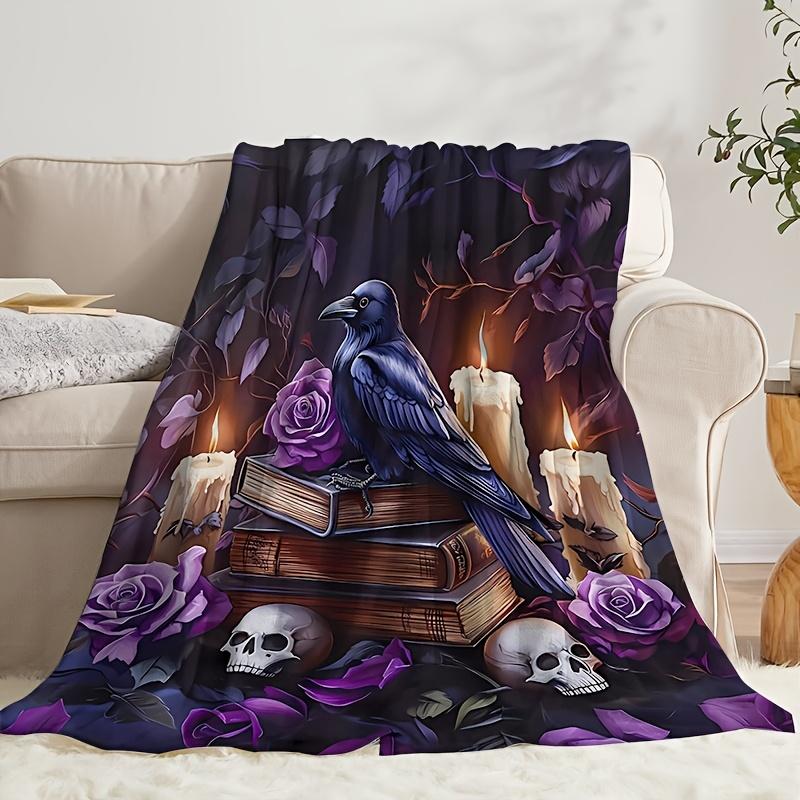 Skull & Raven Flannel Blanket - Gothic Gift Throw for Family/Friends, Multi-Use for Sofa/Nap/Travel/Camping