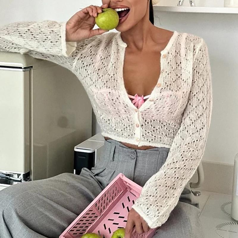 2026 Spring See Through Sweater Women Knit Cardigan Coats Sexy Hollow Out Single Breasted Cardigan Streetwear Y2K Knitted Tops