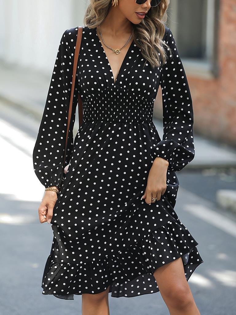 New European and American coat waist thin polka dot long sleeve foreign style dress
