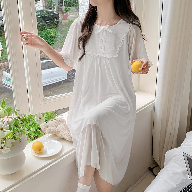Princess Ling Lei French Nightdress Women'S Summer Mesh Sweet Pure Wind Short-Sleeved Long Dress Pajamas Loungewear