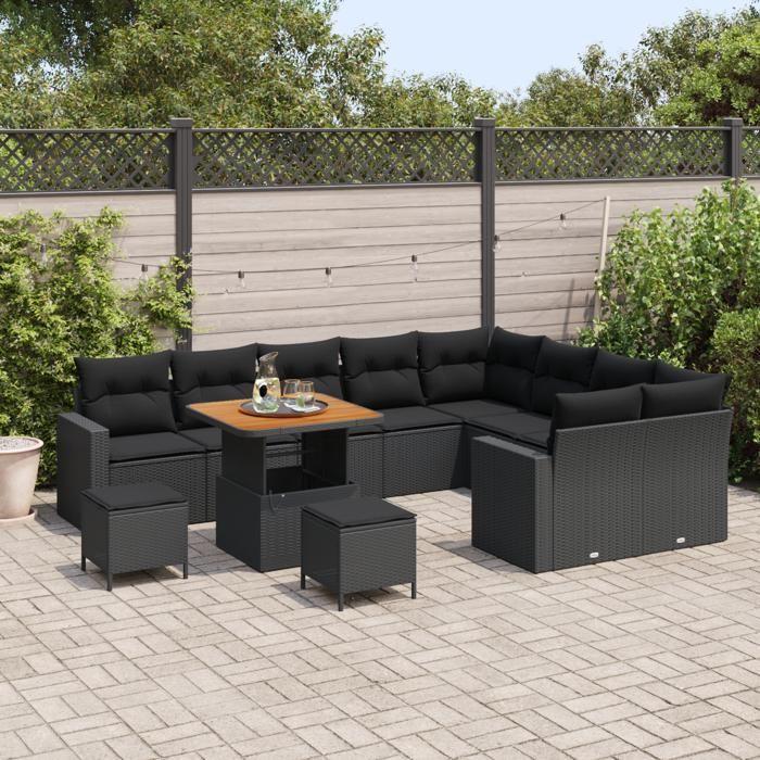 Ensemble de Canapés de Jardin de 12 Pièces avec Coussins Rotin Poly Noir Acacia., Ensemble de Salle à Manger de Jardin de 3 3361649