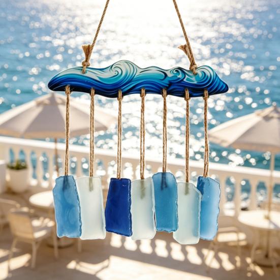 Meerglas-Windspiel für draußen Handgefertigt Meereswelle Küstenstil Hängendes Ornament für Strand Terrassen Dekoration Geschenke für Frauen