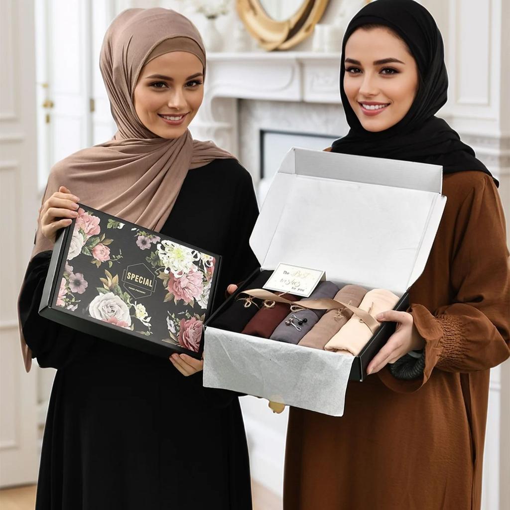 Ramadan Modal Chiffon Baumwoll-Hijab-Schal-Set, muslimisches Kopftuch mit Box, gemischtes Hijab-Stirnband, Kopftuch, weibliches Foulard-Hijab-Geschenk