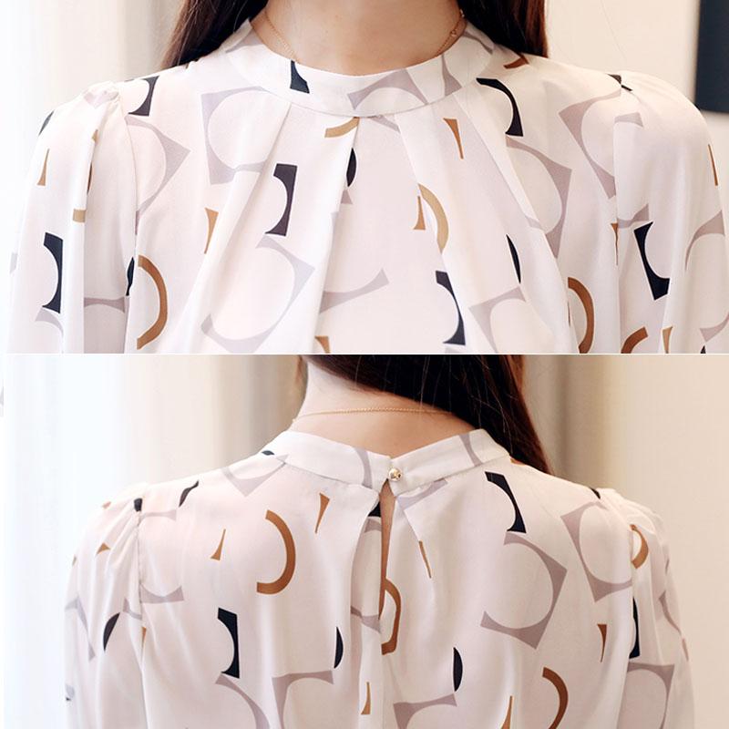 Fashion Women's Clothing Summer Printed Chiffon Blouse Casual Puff Half Sleeve Office Shirt Korean Stand Collar Tops Blusas