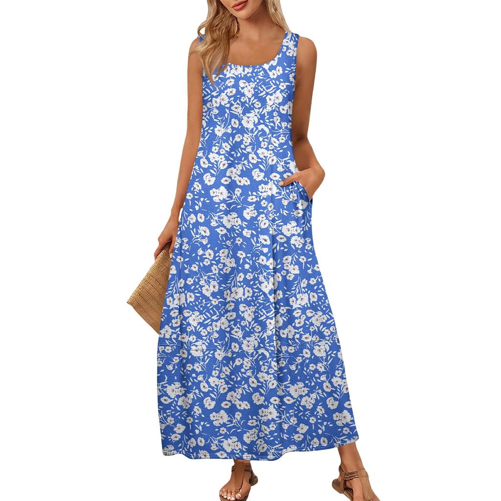 Women's Summer Fashion Round Neck Sleeveless Beach Dress Vintage Floral Printed Dresses