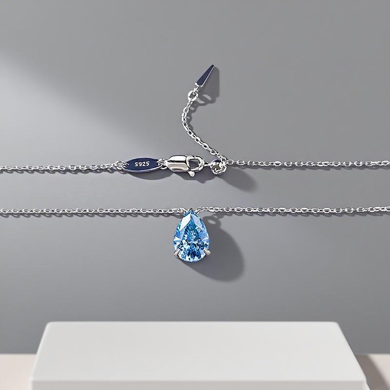 S925 Silver Sea Blue Teardrop Pendant with Pear-Shaped Diamond, Versatile European & American Style, 7*10, Commuting Drawstring Bead.