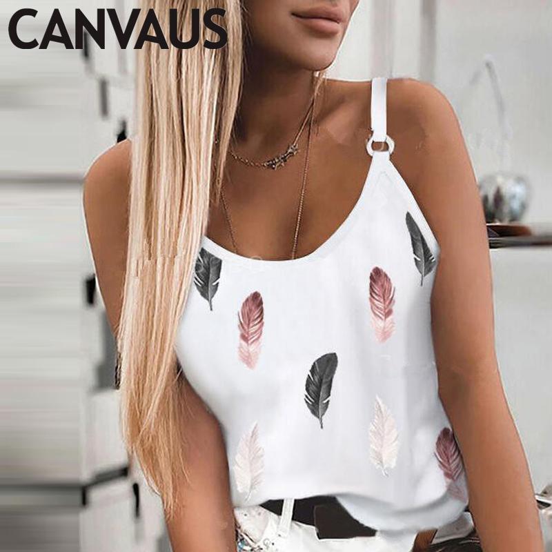 Nieuwe damesmode zomer casual verenprint spaghettibandjes mouwloze tanktops