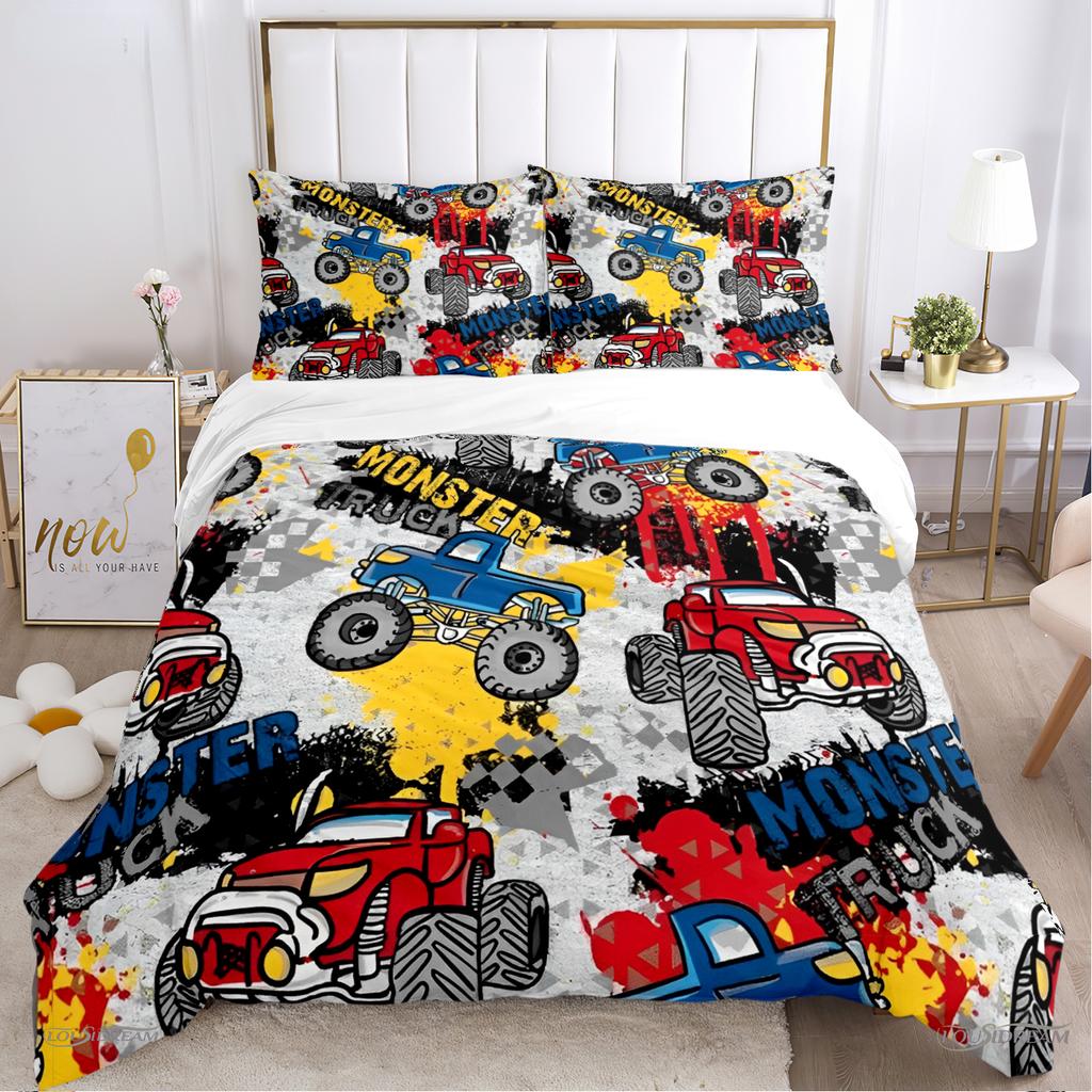 Monster Truck Duvet Cover Catroon Monster Jam Bedding Sets Soft Quilt Cover And Pillowcases For Teens Single/Double/Queen/King