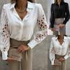 Camisas de manga larga con cuello vuelto y empalme de encaje para mujer, camiseta con botones, blusas femeninas de color sólido, blusas casuales