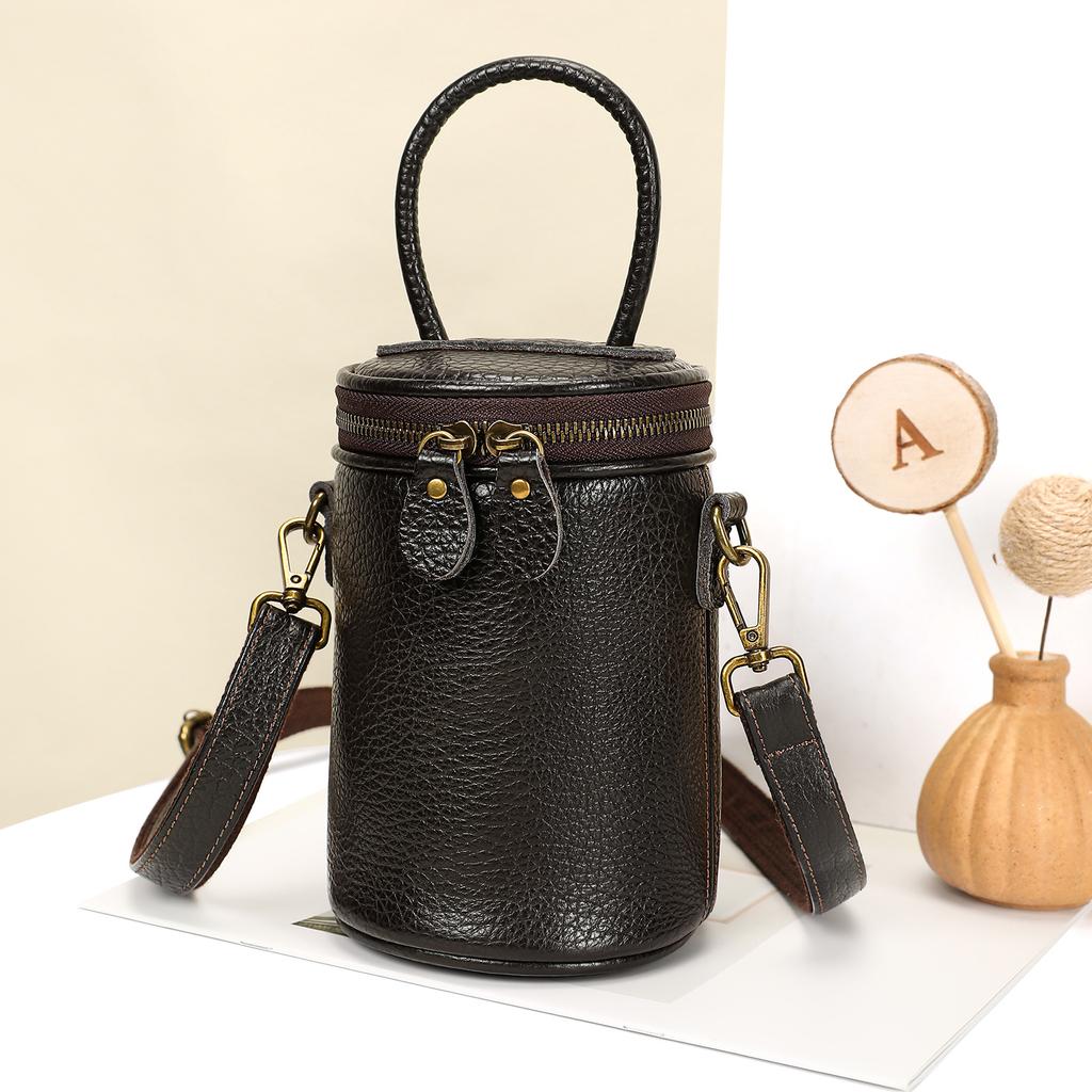 Genuine Leather Cylindrical Handbag for Carrying Water, Single-shoulder Crossbody Style, Fashionable Small Bag