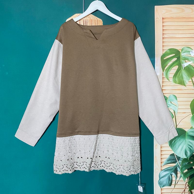 

Order Customer-Supplied Fabric V Neck False Two-Piece Pullover Long-Sleeved Shirt Hem Embroider Knitting Patchwork T-shirt Mid Length Long Length Khaki color matching 3L