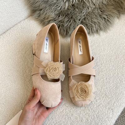 High Heeled Shoes for Women's 2025 Spring New French Cross Strap Ballet Pumps Retro Camellia Flower Mary Jane Shoes for Women