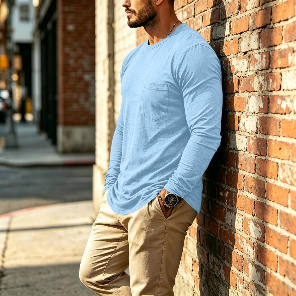 Men's Casual Long Sleeve Round Neck T-Shirt with Pocket for Everyday Wear