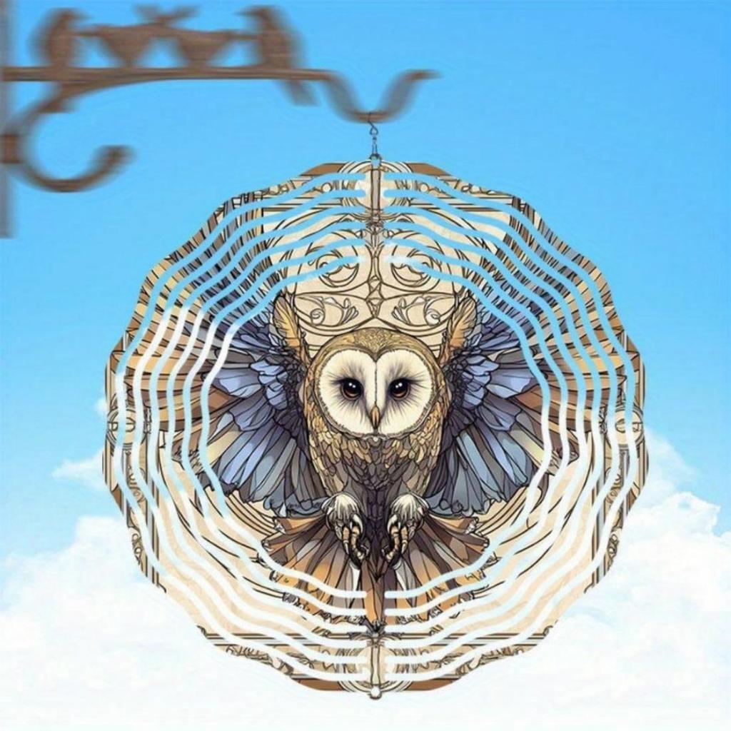 1 ks Závěsná větrná zvonkohra, Vzor sovy pálené s bílým obličejem, Kovový mandala větrný spinner, Není potřeba baterie, Dekorativní venkovní zahradní ozdoba, Ideální dárek