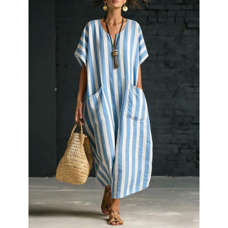 Damen Baumwoll-Leinen Gestreiftes Maxikleid V-Ausschnitt Kurzarm Locker Oversized mit Taschen Sommer Lässig Urlaub Langes Kleid XXL blau