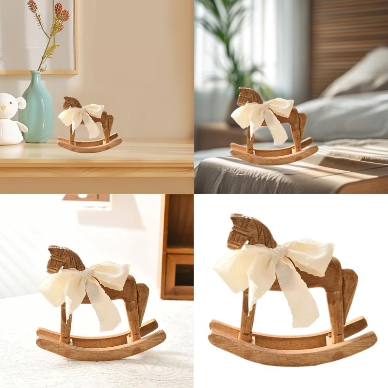 Simple Design Wooden Rocking Horse Figurine with White Ribbon for Home Nursery Table Decoration and Collectible Display