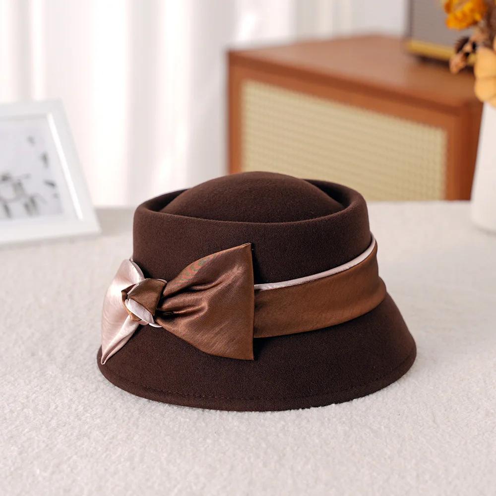 

2026 New 100% Wool Bowler Hat with Bow | Small Brim French Elegant Autumn Winter Luxury Women s Felt Hat 56-57cm темно-коричневого кольору