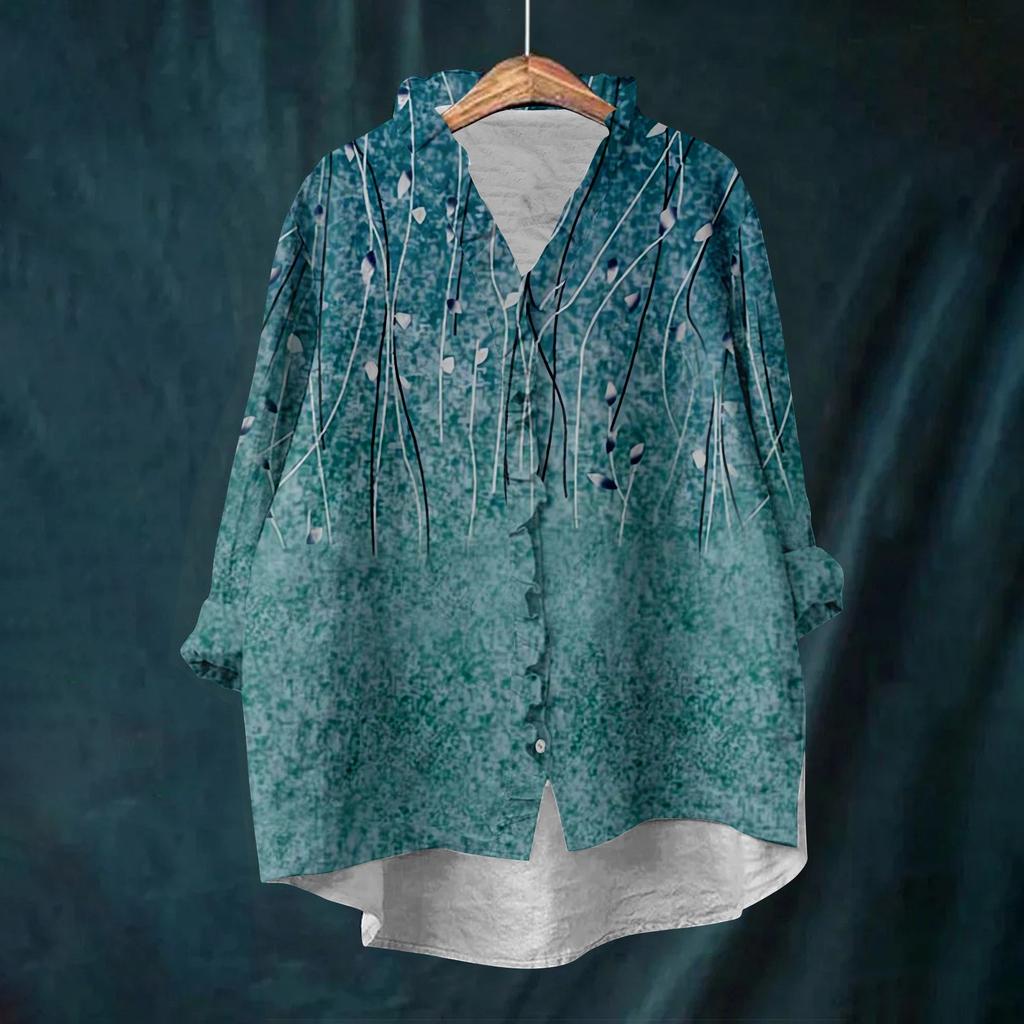 Dame Løs Volangert Blomstert Trykk Ståkrage Langermet Bomull og Lin Topp