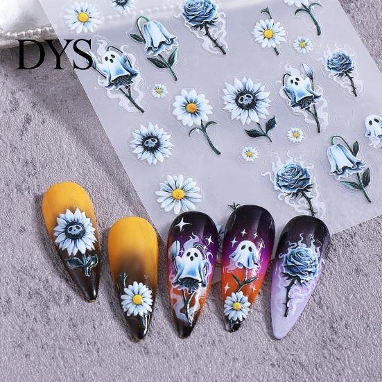 Self-Adhesive Manicure Decals Halloween 3D Embossed Nail Stickers, Gothic Flower Ghost Decor PVC Stickers Decals, Women Girls Art Accessories