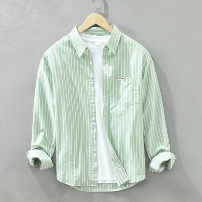 Camicia da uomo a righe in Oxford filato a maniche lunghe, cotone puro, casual