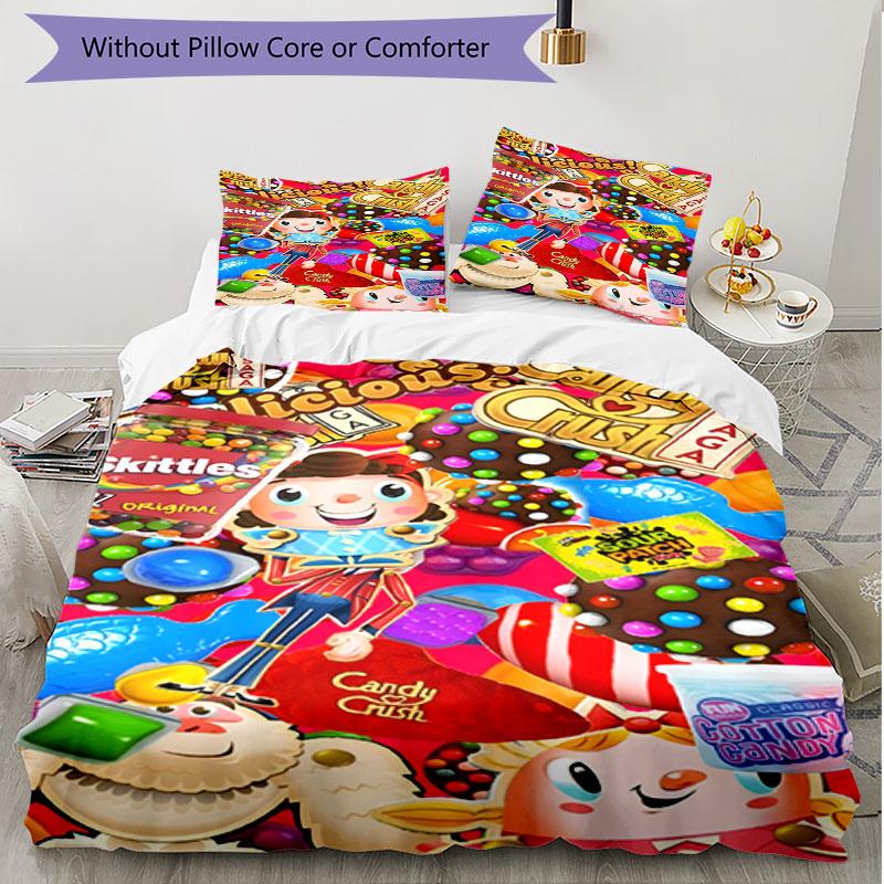 3-teiliges Bettbezug-Set (1 * Bettbezug + 2 * Kissenbezug, ohne Kern), Candy Crush Saga Print Weiches Ganzjahres-Bettwäscheset, Heim-Schlafzimmer-Dekor Geschenk