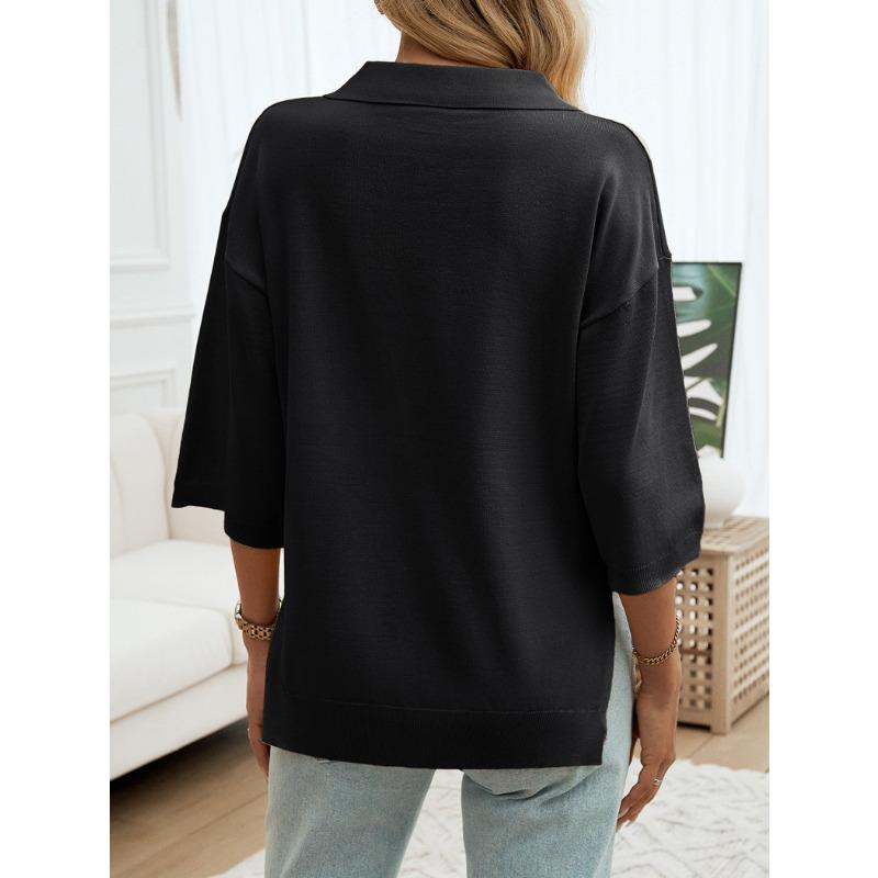 Women Solid Color Lapel Solid Color Half Sleeve Loose Sweater