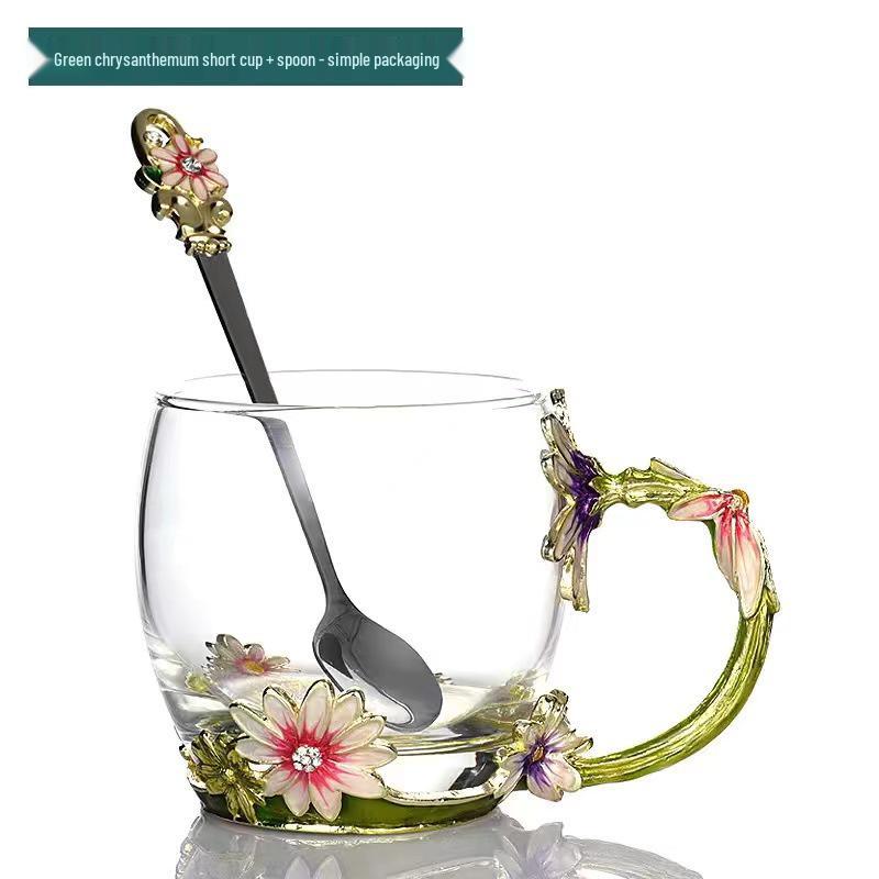 Chrysanthemum Enamel Glass Tea Cup - Lead-Free Crystal Coffee Cup Gift