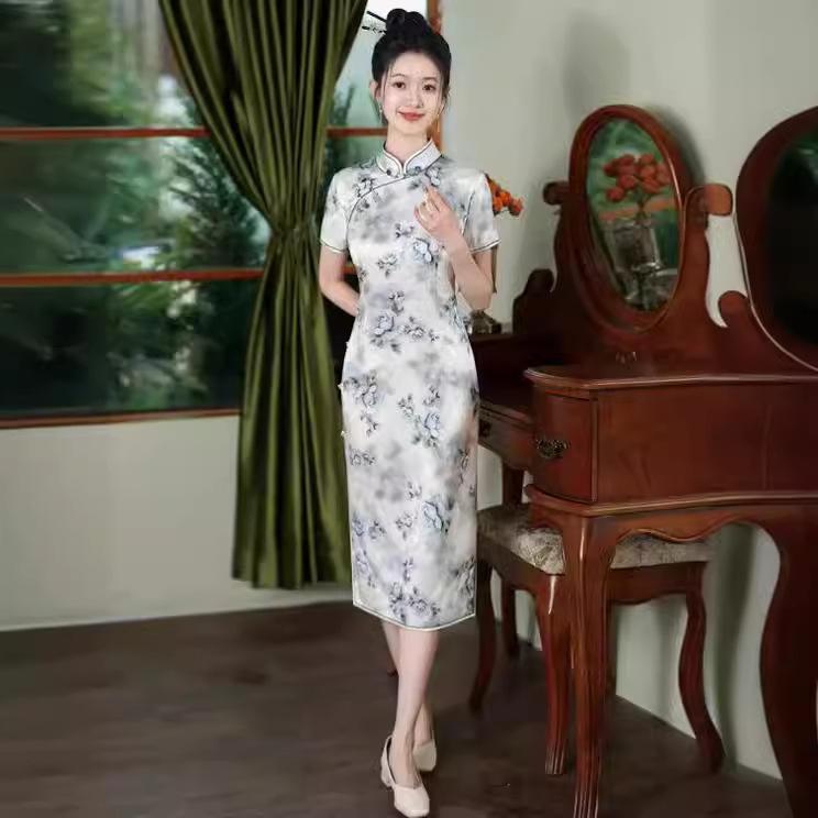 High-end silk cheongsam summer women's 1011 new daily retro improved new Chinese style mulberry silk dress