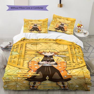 Lenjerie de pat cu model Demon Slayer, Set cu cuvertură, Husă cuvertură, Față de pernă, Cadou de casă de ziua de naștere (1 * husă de pilotă + 2 * fețe de pernă, fără miez)