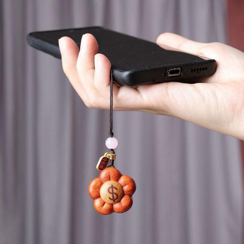 Exquisite Hand-Carved Wooden Flower Keychain & Phone Charm About 3*1.5cm