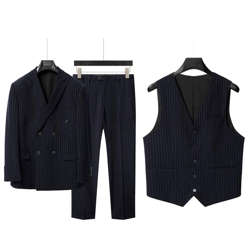 Men's Double-Breasted Striped Stretch Suit Set, Loose Fit, Plus Size for Big & Tall, Perfect for Weddings.