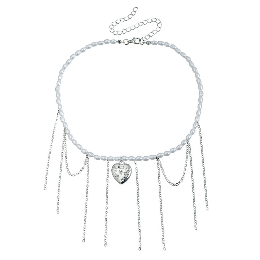 Ins Imitation Pearl Baroque Pentagram Love Pendant Collarbone Chain Pop Fringed Necklace