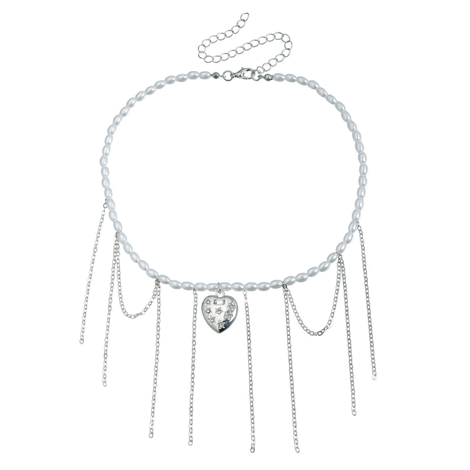 

ins imitation pearl baroque pentagram love pendant collarbone chain pop fringed necklace