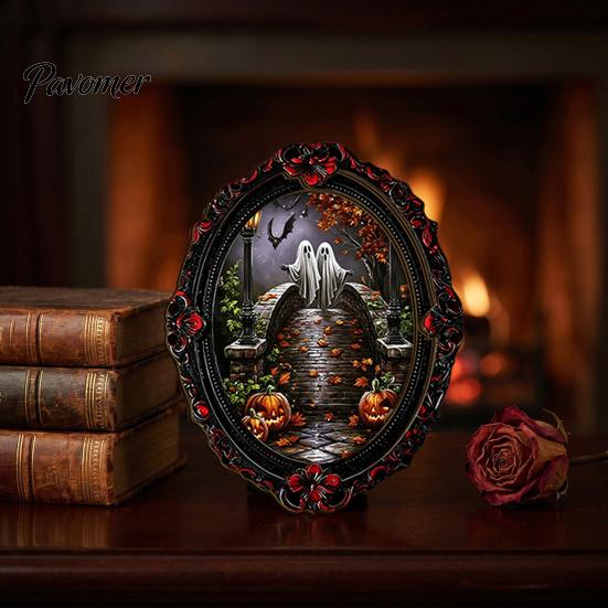 Decorative Metal Cabinet Stickers Halloween Wooden Refrigerator Magnets, Vintage Gothic Oval Frame Fridge Magnets with Witch Niche Holiday Souvenir