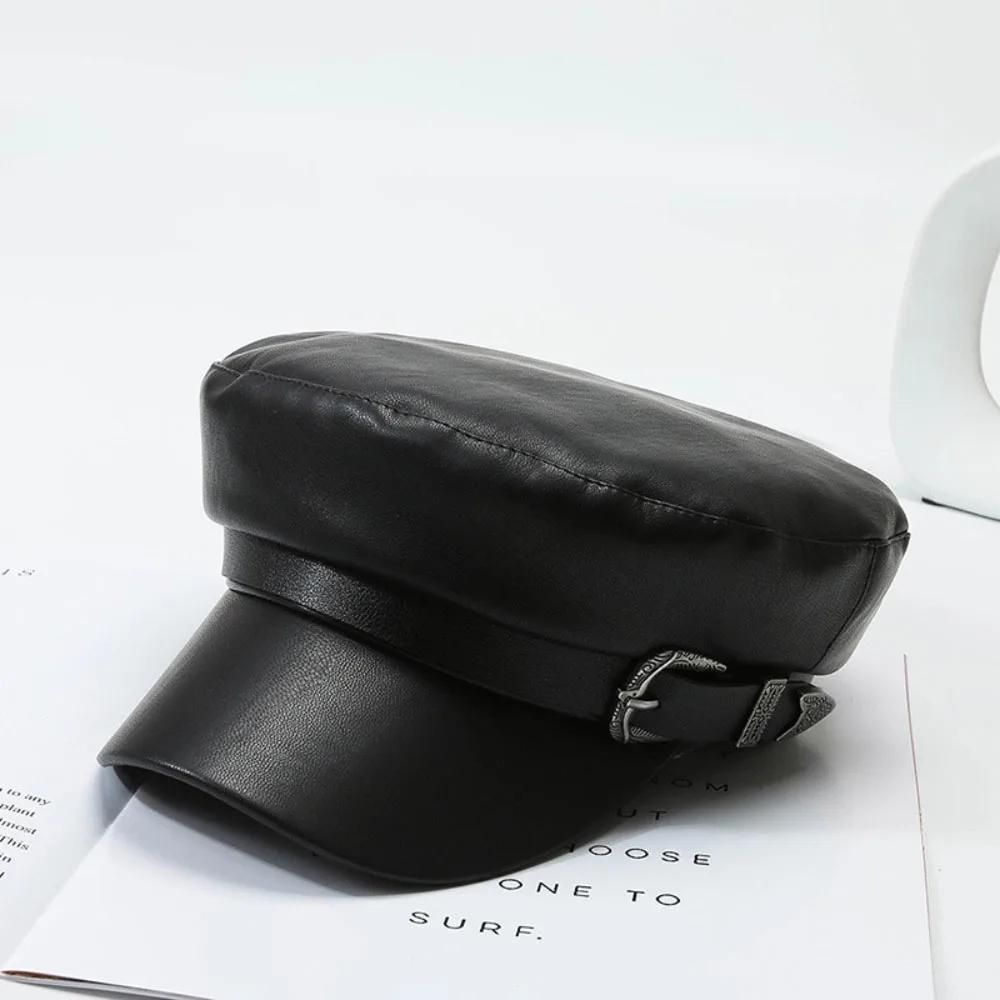 

Women Men Fashion Leather Hat with Belt Buckle Military Beret Cap Flat Top Sailor Hat Black Autumn Spring Casual Vintage