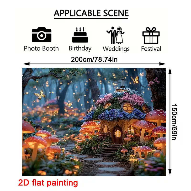 2D Dreamy Enchanted Forest Backdrop, Magical Mushroom House & Butterflies Art