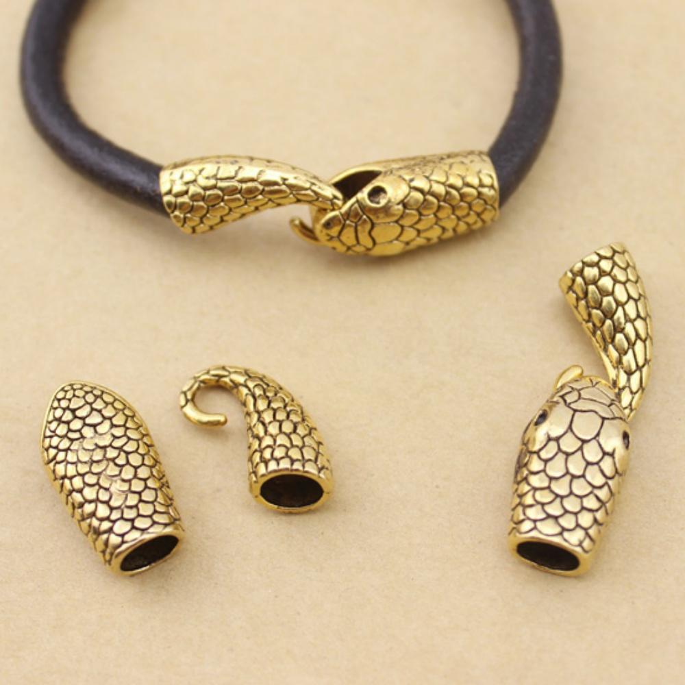 10 Sets Antique Golden Snake Head Clasps Hook End Caps Fit 7mm Leather Bracelet Connectors Clasps DIY Jewelry Making Accessories