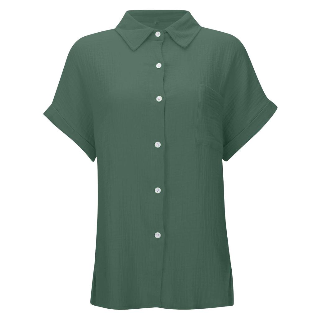 Women’s Summer Short Sleeve Button Down Lapel Collar Casual Shirt with Pocket Loose Fit Lightweight Top for Daily Wear