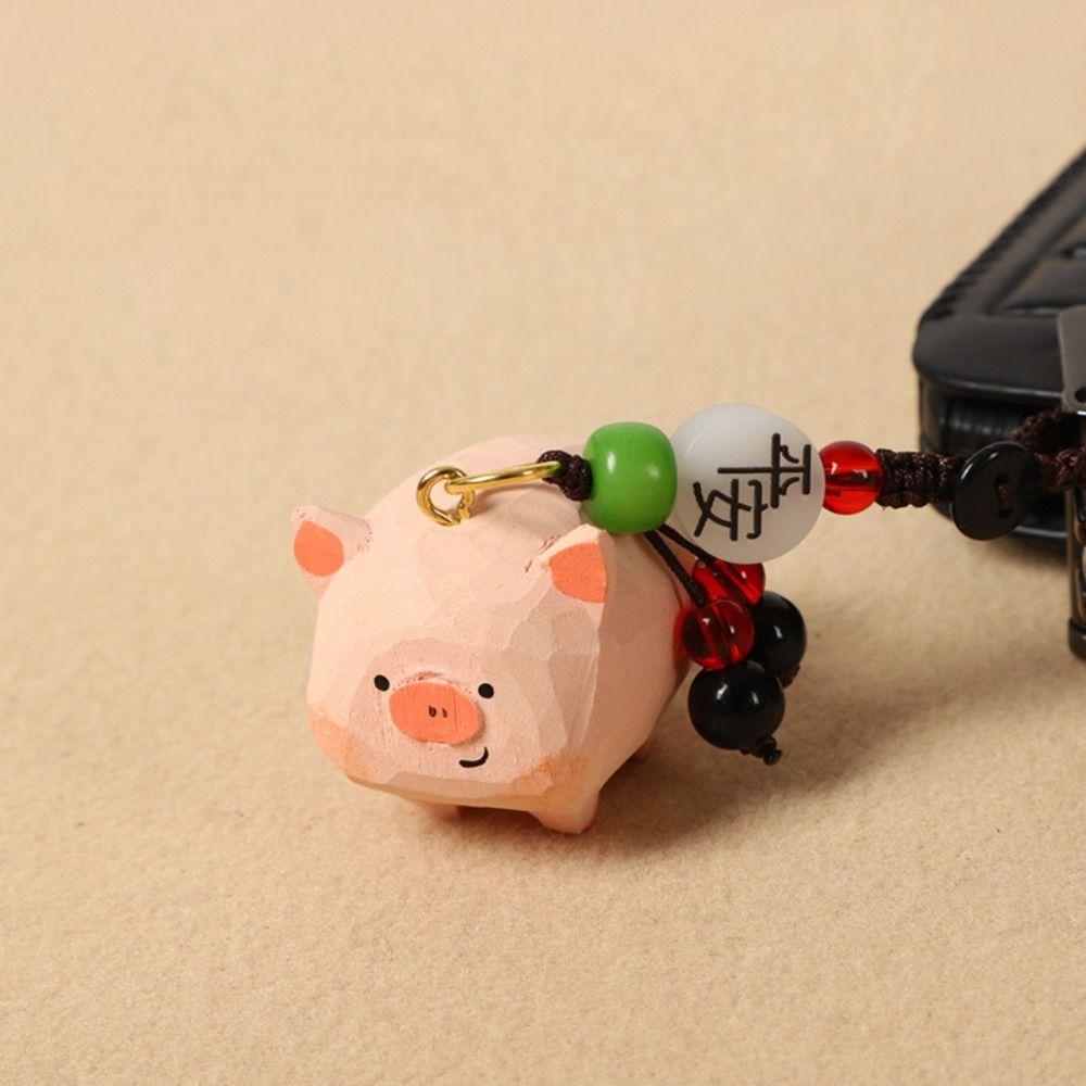 Flower Carved Pig Dolls Pendant Beads Car Keyring Funny Wooden Pig Keychain  Students