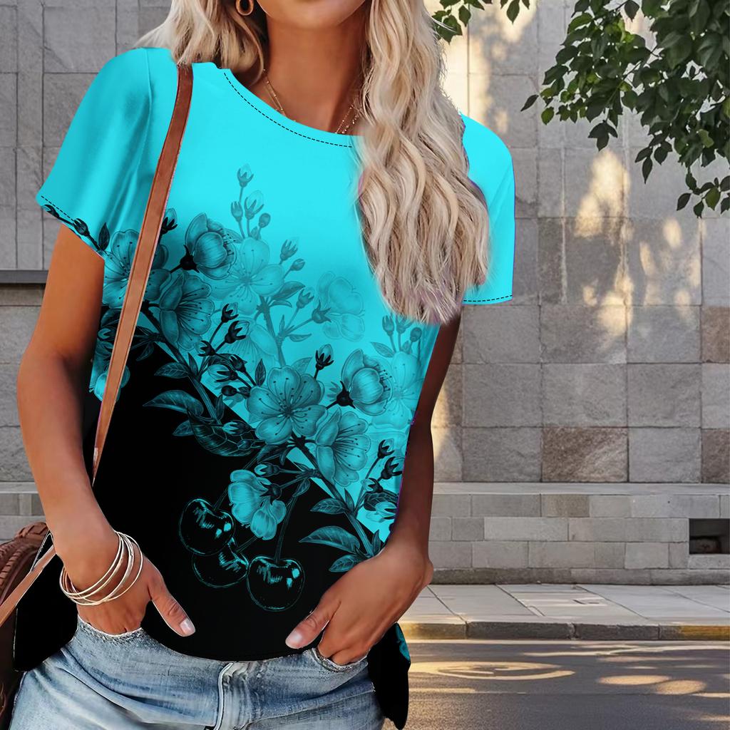 Women Summer T Shirt Flower Print Retro Fashion Short Sleeve Tees Casual   Printed  Tops