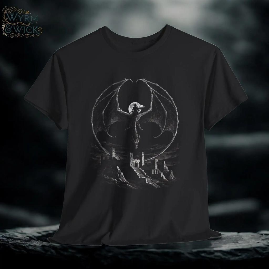 Dragon Silhouette T Shirt Fantasy Wings Castle Landscape Vintage Breathable Stylish Casual Slightly Stretched Fashion